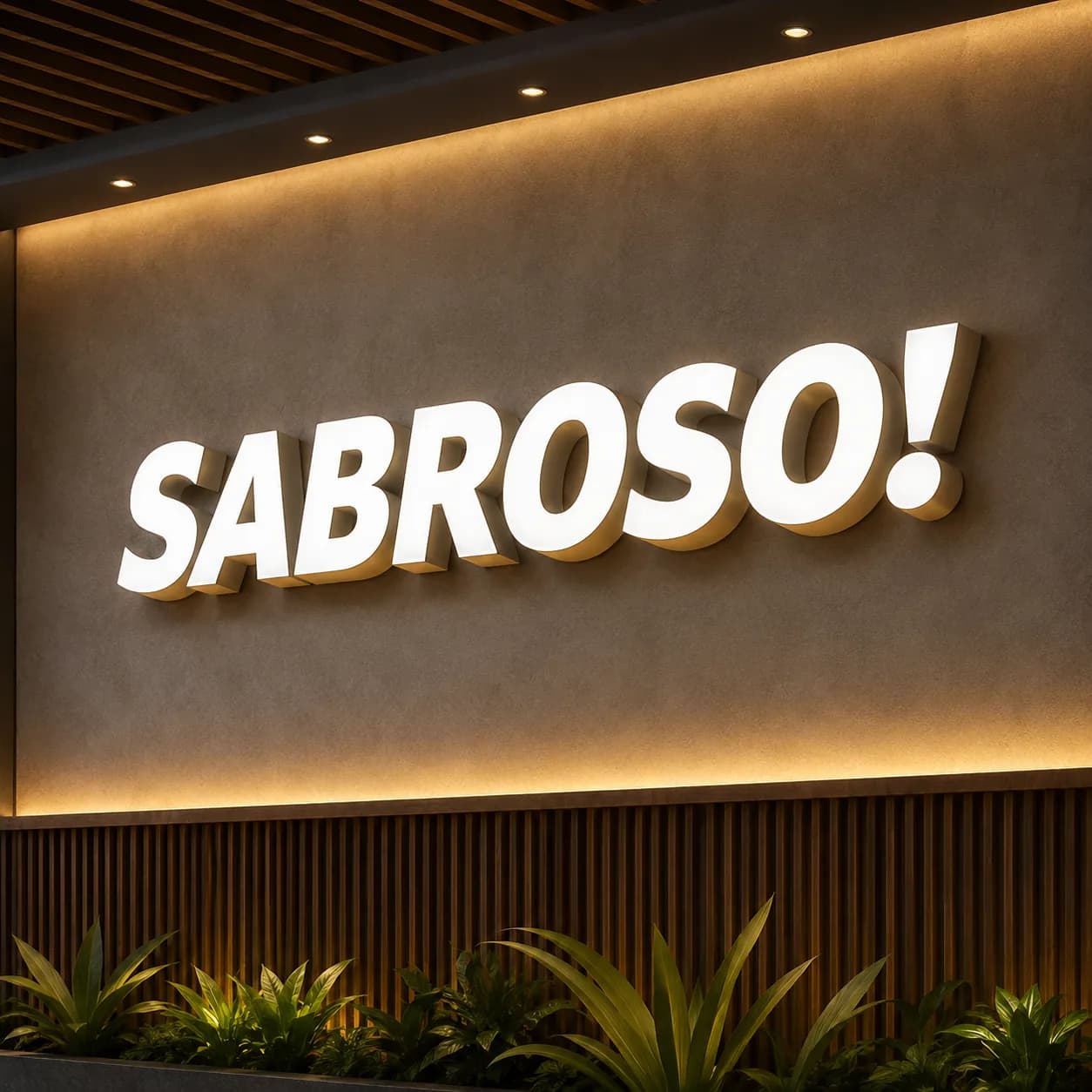 Illuminated Sabroso acrylic lettering above a restaurant counter