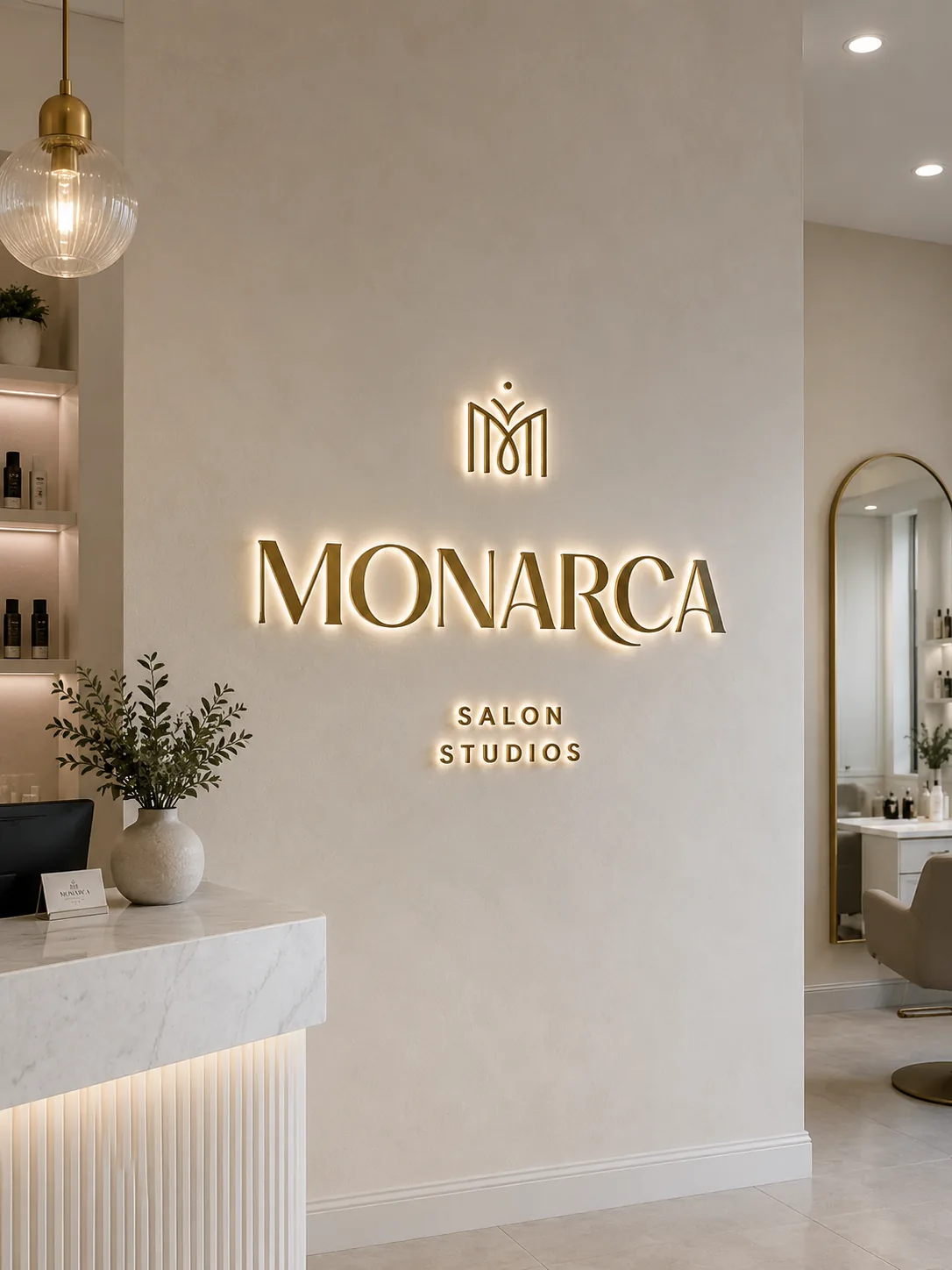 Halo backlit 3D metal salon logo in brushed gold, glowing softly onto the reception wall behind it