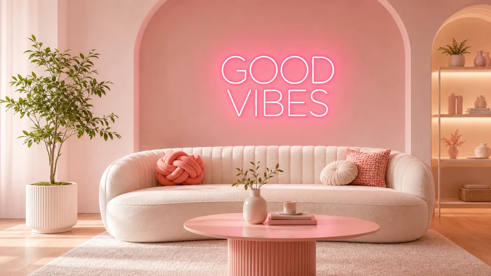 Pink Good Vibes neon lettering above a cream sofa in a warm, pink living room