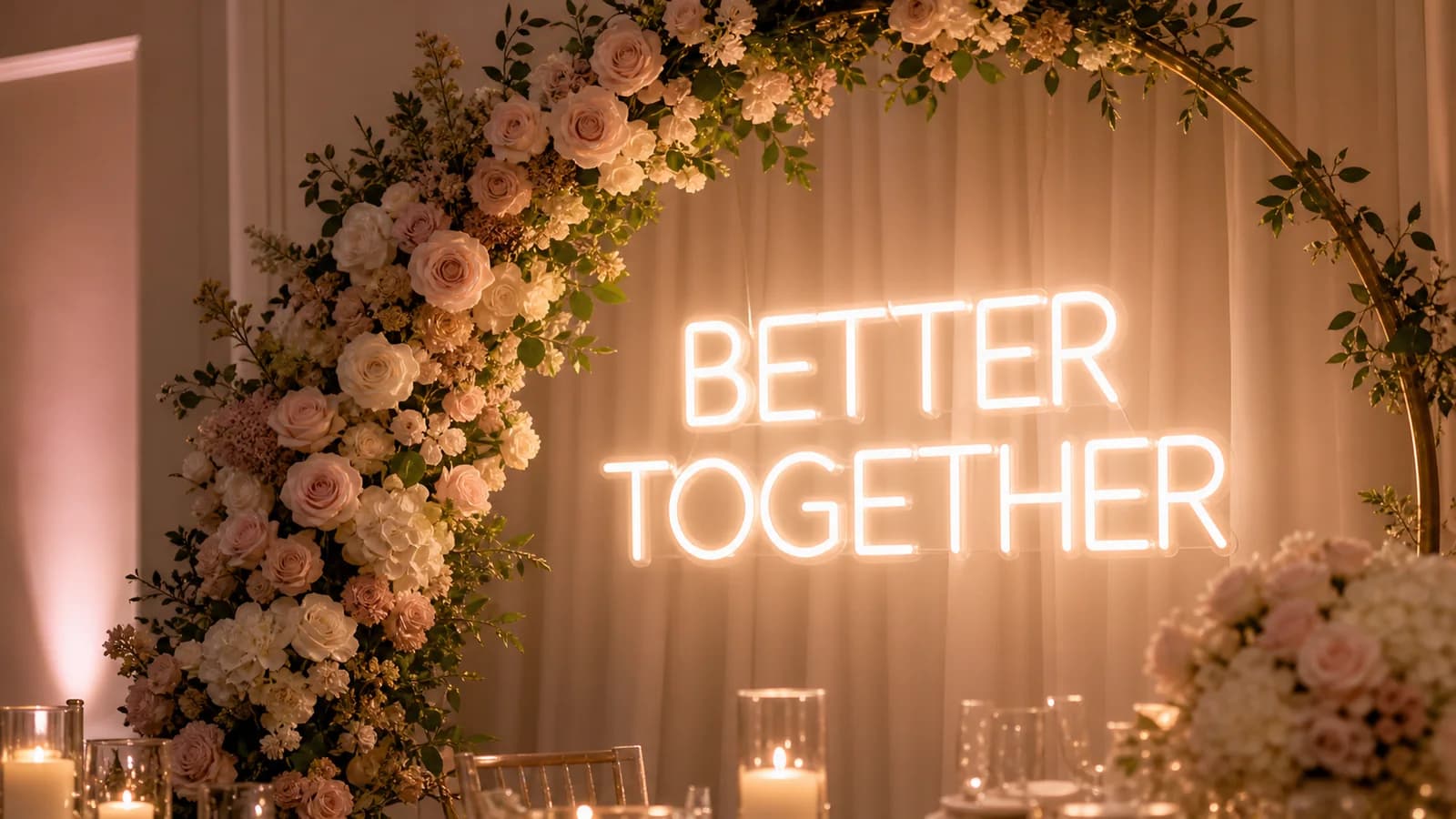 Warm white Better Together neon sign framed by wedding flowers