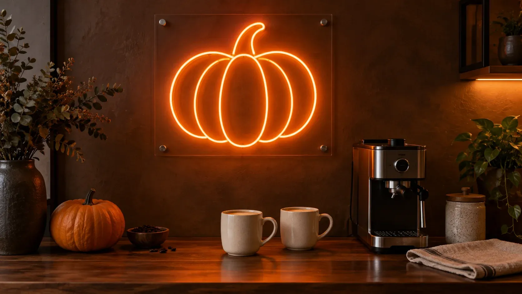 Orange pumpkin-shaped neon sign on a clear acrylic backplate above a coffee counter with cream mugs