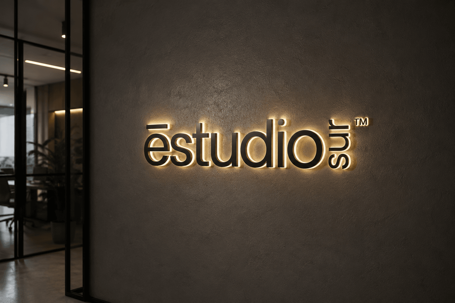 Custom acrylic office wall sign with UV-printed logo and warm LED neon contour glow mounted with stainless standoffs