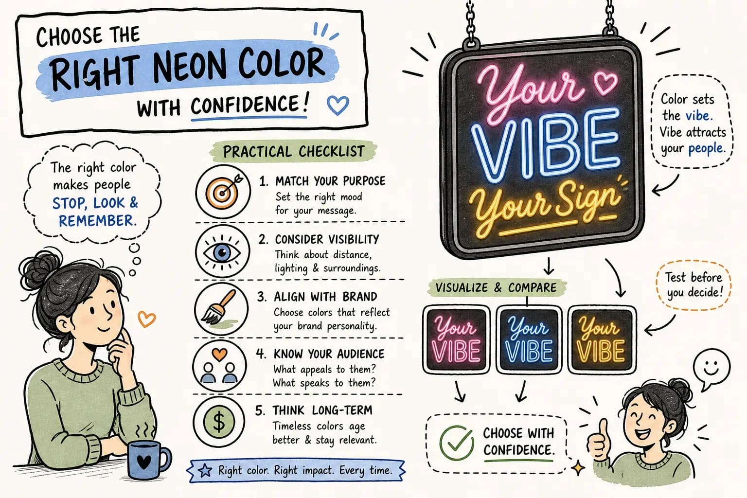 Comparison of glowing LED neon colors including warm white, electric blue, and hot pink
